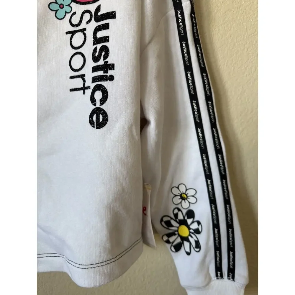 Justice Black White Glitter Logo Daisy Happy Face Pullover Hoodie Size L 12/14